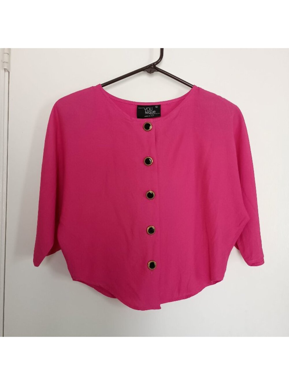 vintage 80s magenta pink button down ¾ sleeve blouse size S